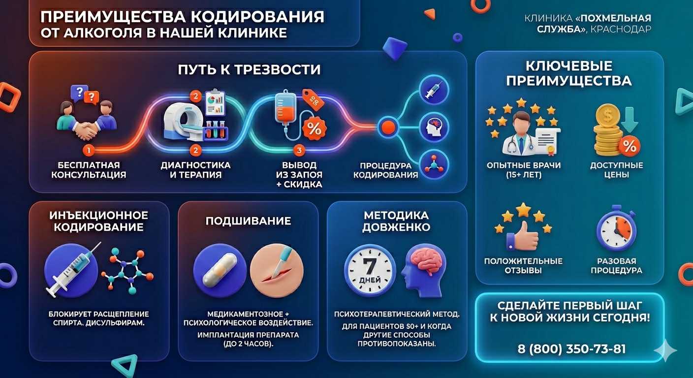 Инфографика о методах кодирования от алкоголя в Златоусте: инъекции, подшивание, метод Довженко. Преимущества клиники и этапы лечения.
